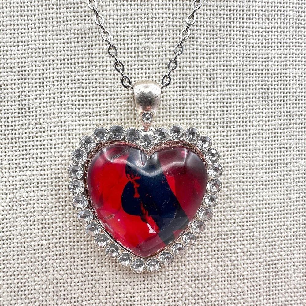 Vintage 90s Silver Tone Red Rhinestone Heart Pendant Necklace Women's Jewelry